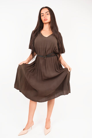 Short Sleeve Pleated Midi Dress with Waist Belt