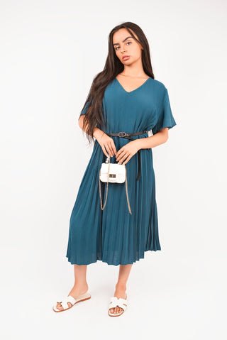 Short Sleeve Pleated Midi Dress with Waist Belt