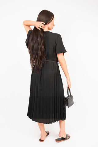 Short Sleeve Pleated Midi Dress with Waist Belt