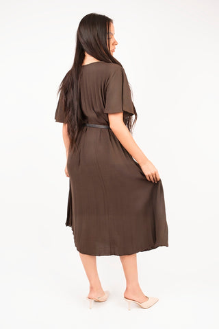 Short Sleeve Pleated Midi Dress with Waist Belt