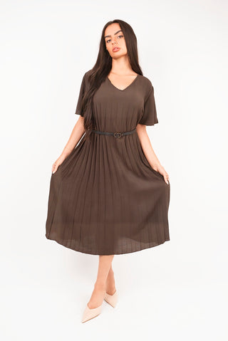 Short Sleeve Pleated Midi Dress with Waist Belt