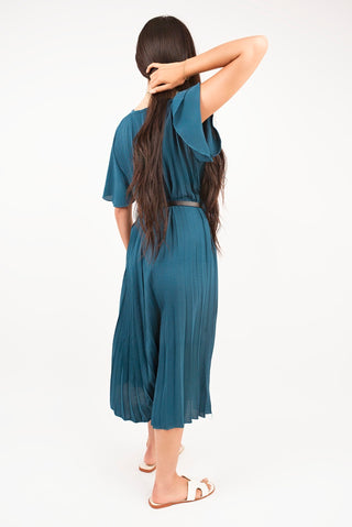 Short Sleeve Pleated Midi Dress with Waist Belt