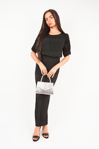 Ruched Short Sleeve Maxi Dress with Draped Bodice