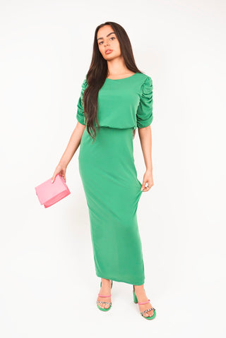 Ruched Short Sleeve Maxi Dress with Draped Bodice