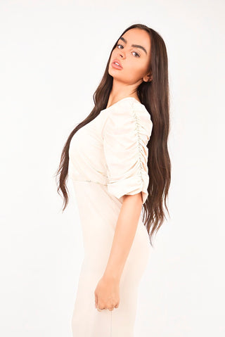 Ruched Short Sleeve Maxi Dress with Draped Bodice