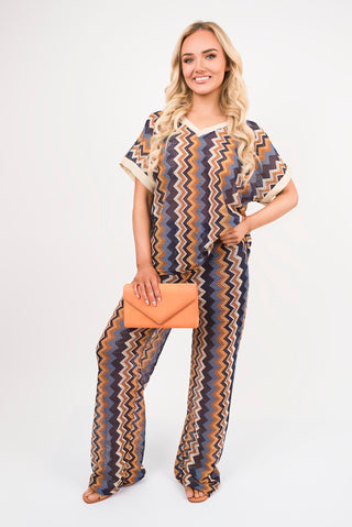V Neck Short Sleeve Co-Ord Set with Zigzag Detail