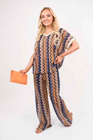 V Neck Short Sleeve Co-Ord Set with Zigzag Detail