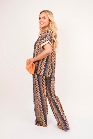 V Neck Short Sleeve Co-Ord Set with Zigzag Detail