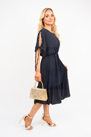Round Neck Short Sleeve Midi Dress with Tie Sleeve Detail