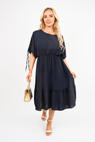Round Neck Short Sleeve Midi Dress with Tie Sleeve Detail