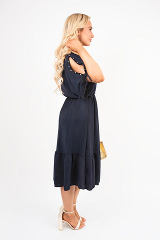 Round Neck Short Sleeve Midi Dress with Tie Sleeve Detail
