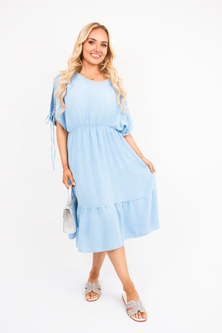 Round Neck Short Sleeve Midi Dress with Tie Sleeve Detail