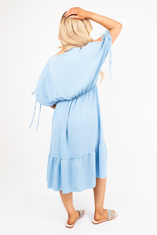 Round Neck Short Sleeve Midi Dress with Tie Sleeve Detail