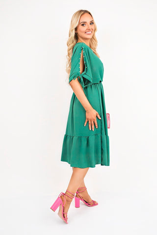 Round Neck Short Sleeve Midi Dress with Tie Sleeve Detail