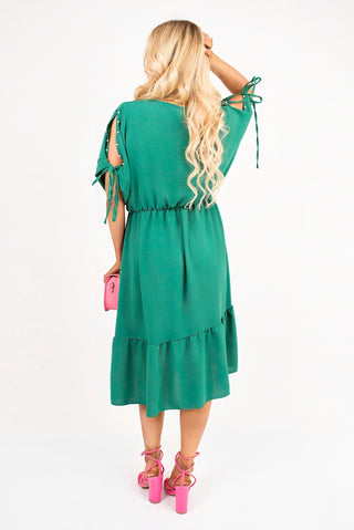 Round Neck Short Sleeve Midi Dress with Tie Sleeve Detail