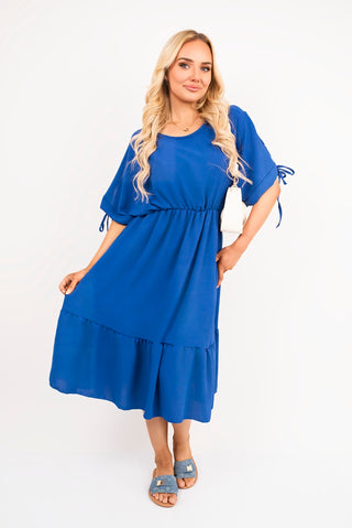 Round Neck Short Sleeve Midi Dress with Tie Sleeve Detail
