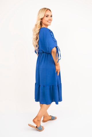 Round Neck Short Sleeve Midi Dress with Tie Sleeve Detail