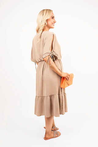 Round Neck Short Sleeve Midi Dress with Tie Sleeve Detail