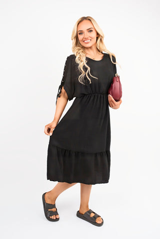 Round Neck Short Sleeve Midi Dress with Tie Sleeve Detail
