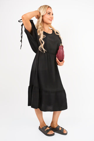 Round Neck Short Sleeve Midi Dress with Tie Sleeve Detail