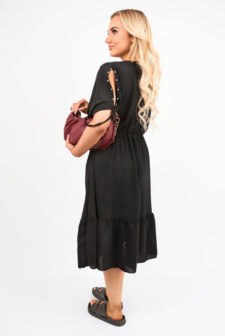 Round Neck Short Sleeve Midi Dress with Tie Sleeve Detail