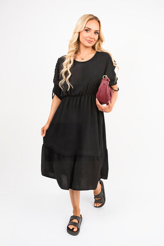 Round Neck Short Sleeve Midi Dress with Tie Sleeve Detail
