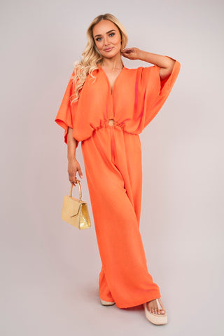 V Neck Wide Sleeve Jumpsuit with Ring Front Detail