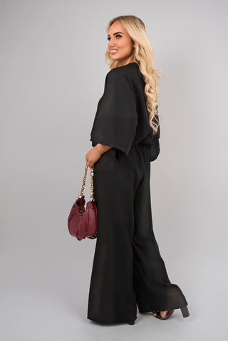V Neck Wide Sleeve Jumpsuit with Ring Front Detail