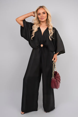 V Neck Wide Sleeve Jumpsuit with Ring Front Detail