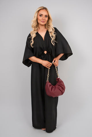 V Neck Wide Sleeve Jumpsuit with Ring Front Detail