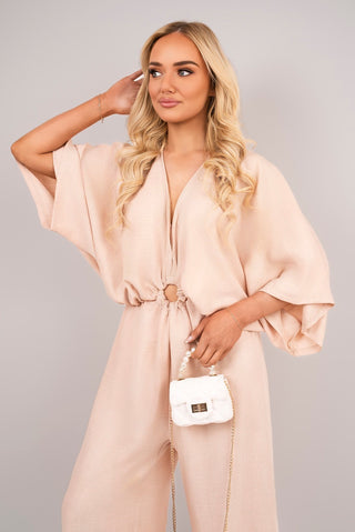 V Neck Wide Sleeve Jumpsuit with Ring Front Detail