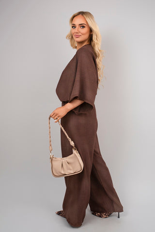 V Neck Wide Sleeve Jumpsuit with Ring Front Detail