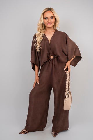 V Neck Wide Sleeve Jumpsuit with Ring Front Detail