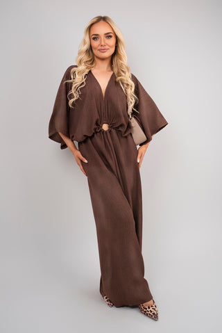 V Neck Wide Sleeve Jumpsuit with Ring Front Detail