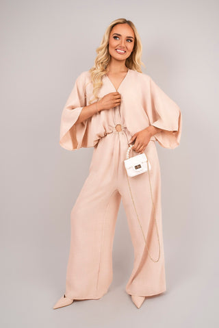 V Neck Wide Sleeve Jumpsuit with Ring Front Detail