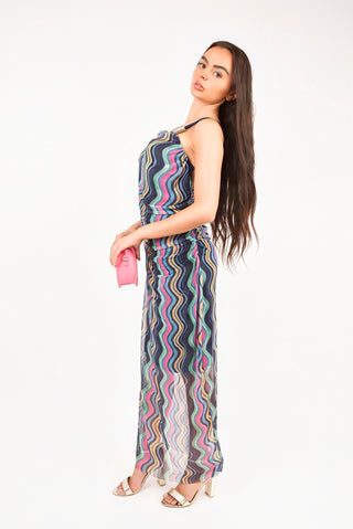 Wavy Print Ruched Mesh Strap Maxi Dress