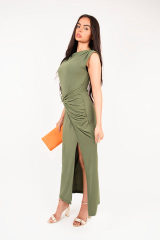 Sleeveless Drape Ring Detail Split Midi Dress