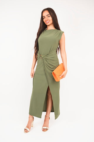 Sleeveless Drape Ring Detail Split Midi Dress