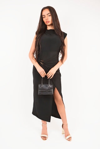 Sleeveless Drape Ring Detail Split Midi Dress