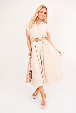 V Neck Short Sleeve Tiered Midi Dress with Belt