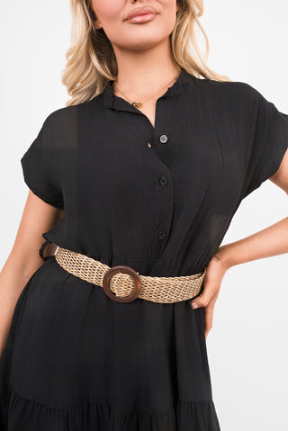 V Neck Short Sleeve Tiered Midi Dress with Belt