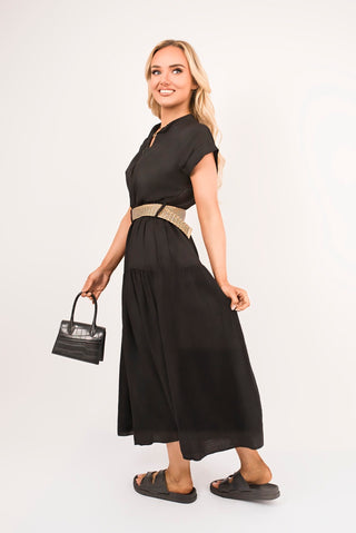 V Neck Short Sleeve Tiered Midi Dress with Belt
