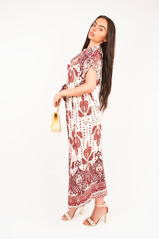 Collared Short Sleeve Midi Dress with Tie Waist