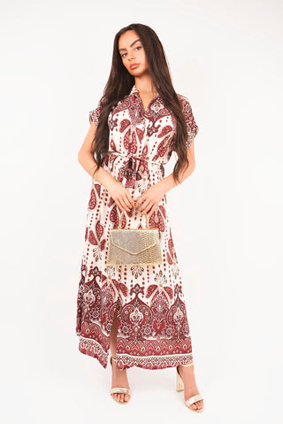 Collared Short Sleeve Midi Dress with Tie Waist