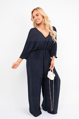 Wide Leg V Neck Jumpsuit with Back Tie Detail