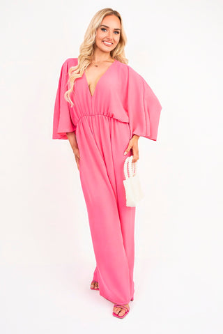Wide Leg V Neck Jumpsuit with Back Tie Detail