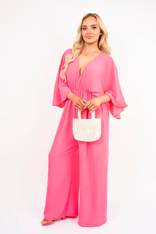 Wide Leg V Neck Jumpsuit with Back Tie Detail