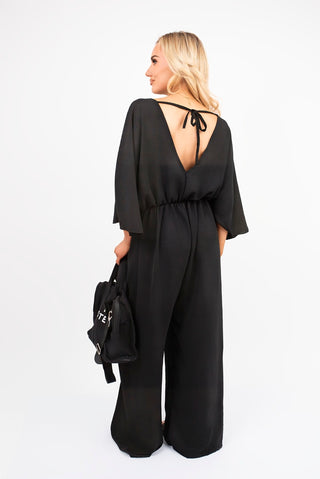 Wide Leg V Neck Jumpsuit with Back Tie Detail