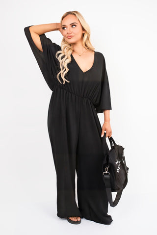 Wide Leg V Neck Jumpsuit with Back Tie Detail