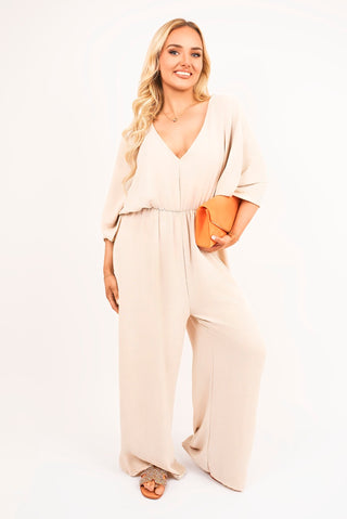 Wide Leg V Neck Jumpsuit with Back Tie Detail